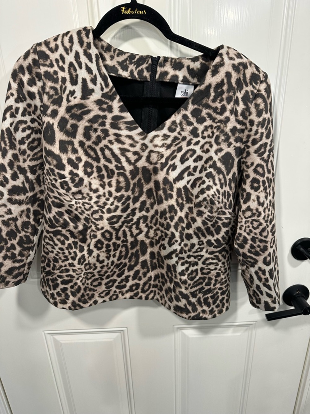 CAbi Leopard Print V-Neck Top in Taupe, Black & Dark Brown
